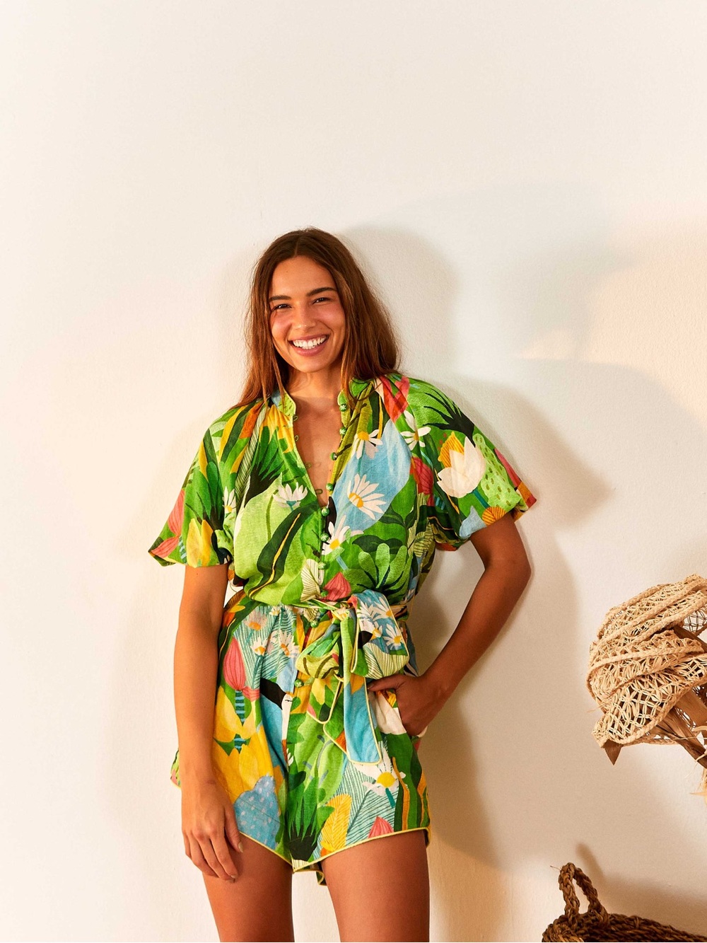 FARM Rio Vintage Toucan Tropical Floral Belted Romper Size M Green Resort - Picture 2 of 12